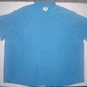HB Mens Aqua Blue Short Sleeve Pleated Button Up Shirt with Pocket Size 4XL